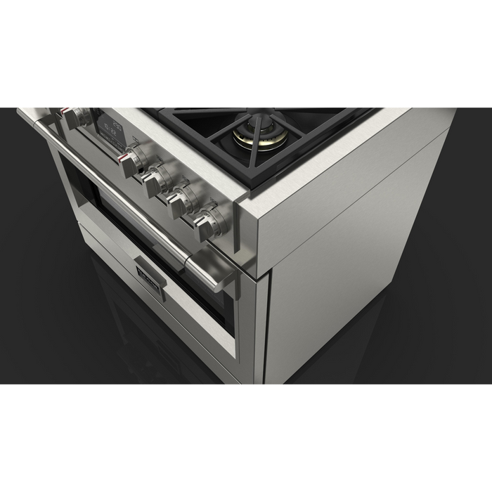 Fulgor Milano Sofia Pro 36-Inch Freestanding Dual Fuel Range, 600 Series, 4 Crescendo Dual Ring Brass Burners, Gas-Powered Trilaminate Griddle, Self-Clean, Soft-Close Door