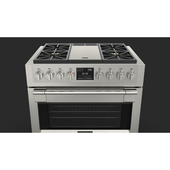 Fulgor Milano Sofia Pro 36-Inch Freestanding Dual Fuel Range, 600 Series, 4 Crescendo Dual Ring Brass Burners, Gas-Powered Trilaminate Griddle, Self-Clean, Soft-Close Door