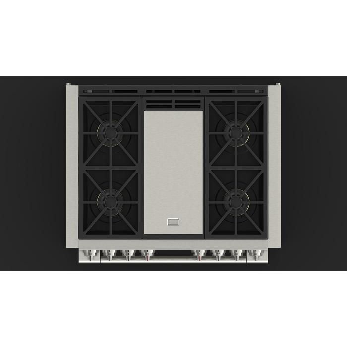 Fulgor Milano Sofia Pro 36-Inch Freestanding Dual Fuel Range, 600 Series, 4 Crescendo Dual Ring Brass Burners, Gas-Powered Trilaminate Griddle, Self-Clean, Soft-Close Door
