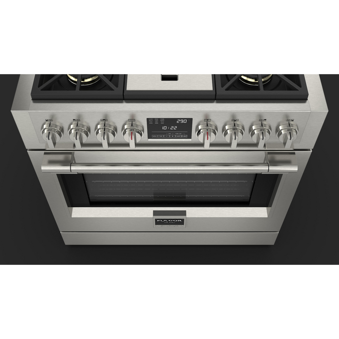 Fulgor Milano Sofia Pro 36-Inch Freestanding Dual Fuel Range, 600 Series, 4 Crescendo Dual Ring Brass Burners, Gas-Powered Trilaminate Griddle, Self-Clean, Soft-Close Door