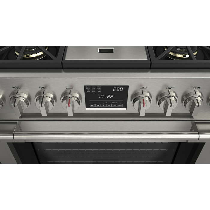 Fulgor Milano Sofia Pro 36-Inch Freestanding Dual Fuel Range, 600 Series, 4 Crescendo Dual Ring Brass Burners, Gas-Powered Trilaminate Griddle, Self-Clean, Soft-Close Door