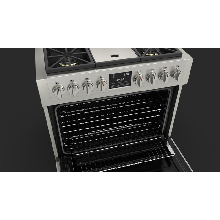 Fulgor Milano Sofia Pro 36-Inch Freestanding Dual Fuel Range, 600 Series, 4 Crescendo Dual Ring Brass Burners, Gas-Powered Trilaminate Griddle, Self-Clean, Soft-Close Door