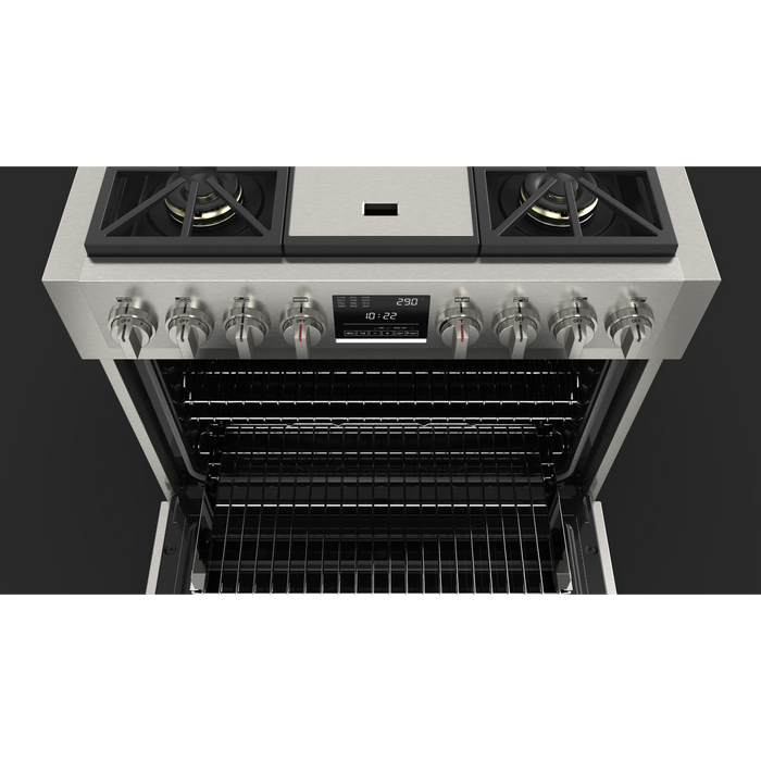 Fulgor Milano Sofia Pro 36-Inch Freestanding Dual Fuel Range, 600 Series, 4 Crescendo Dual Ring Brass Burners, Gas-Powered Trilaminate Griddle, Self-Clean, Soft-Close Door