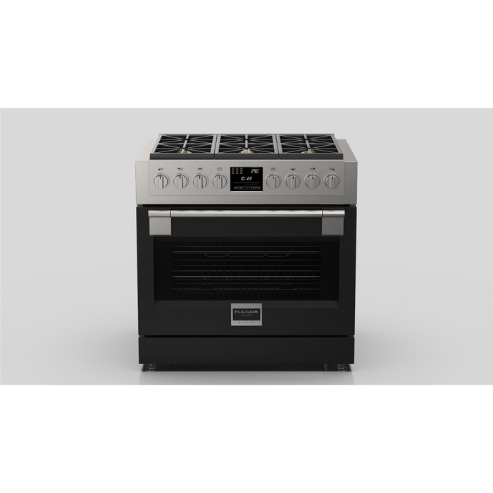 Fulgor Milano Sofia Pro 36-Inch Freestanding Dual Fuel Range, 600 Series, 6 Crescendo Dual Ring Brass Burners, Self-Clean, Soft-Close Door