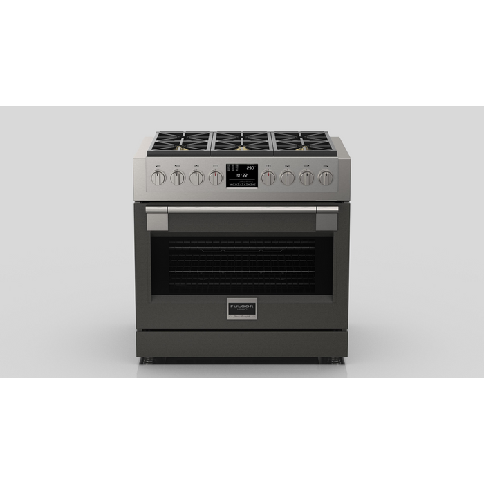 Fulgor Milano Sofia Pro 36-Inch Freestanding Dual Fuel Range, 600 Series, 6 Crescendo Dual Ring Brass Burners, Self-Clean, Soft-Close Door