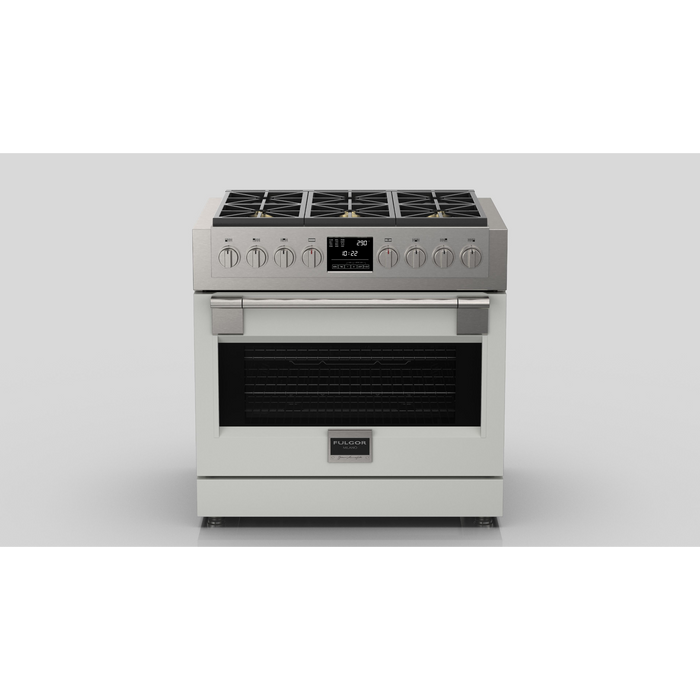 Fulgor Milano Sofia Pro 36-Inch Freestanding Dual Fuel Range, 600 Series, 6 Crescendo Dual Ring Brass Burners, Self-Clean, Soft-Close Door