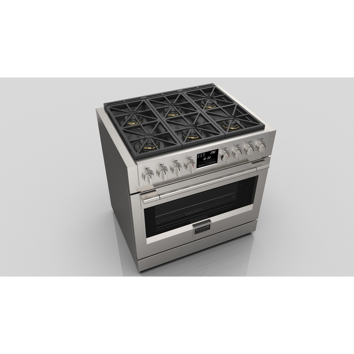Fulgor Milano Sofia Pro 36-Inch Freestanding Dual Fuel Range, 600 Series, 6 Crescendo Dual Ring Brass Burners, Self-Clean, Soft-Close Door