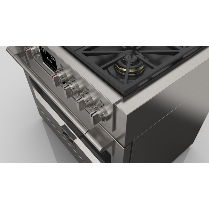 Fulgor Milano Sofia Pro 36-Inch Freestanding Dual Fuel Range, 600 Series, 6 Crescendo Dual Ring Brass Burners, Self-Clean, Soft-Close Door