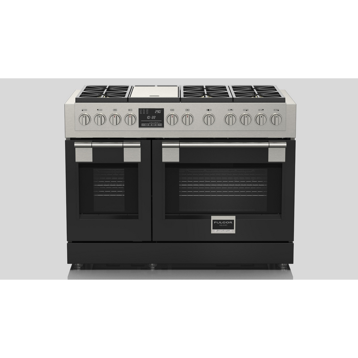 Fulgor Milano Sofia Pro 48-Inch Freestanding Dual Fuel Range, 600 Series, 6 Crescendo Dual Ring Brass Burners, Gas-Powered Trilaminate Griddle, 30-Inch Primary Oven, 18-Inch Companion Oven, Self-Clean, Soft-Close Door
