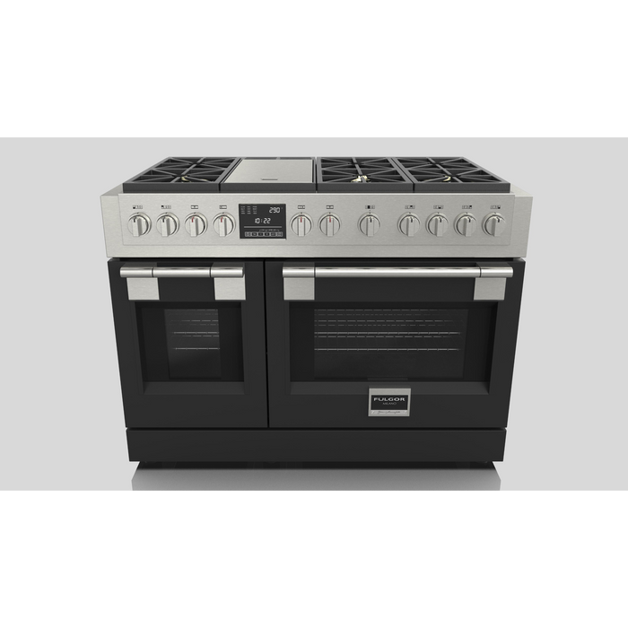Fulgor Milano Sofia Pro 48-Inch Freestanding Dual Fuel Range, 600 Series, 6 Crescendo Dual Ring Brass Burners, Gas-Powered Trilaminate Griddle, 30-Inch Primary Oven, 18-Inch Companion Oven, Self-Clean, Soft-Close Door