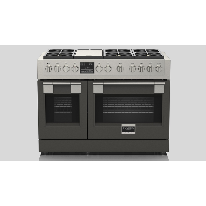 Fulgor Milano Sofia Pro 48-Inch Freestanding Dual Fuel Range, 600 Series, 6 Crescendo Dual Ring Brass Burners, Gas-Powered Trilaminate Griddle, 30-Inch Primary Oven, 18-Inch Companion Oven, Self-Clean, Soft-Close Door