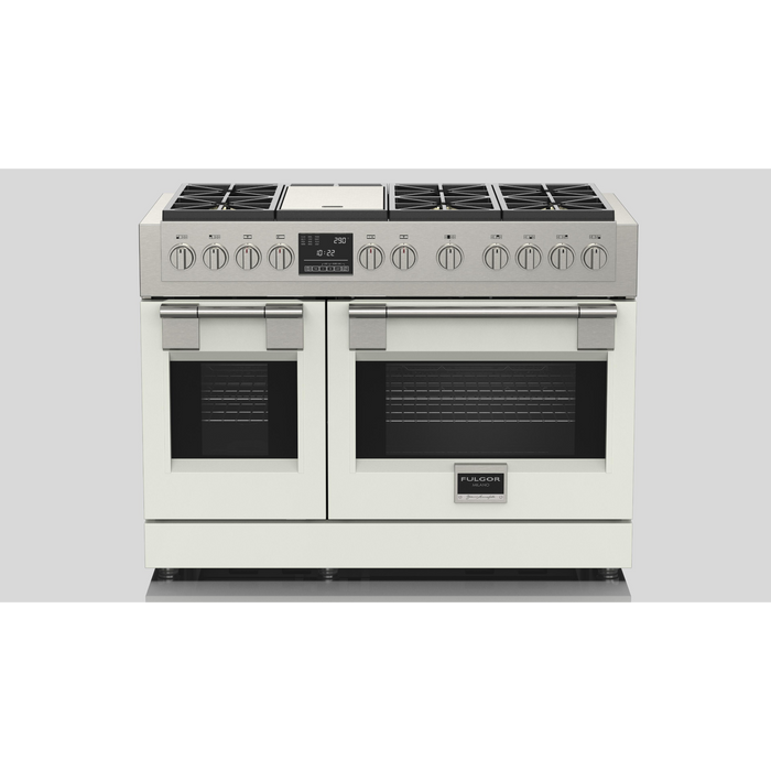 Fulgor Milano Sofia Pro 48-Inch Freestanding Dual Fuel Range, 600 Series, 6 Crescendo Dual Ring Brass Burners, Gas-Powered Trilaminate Griddle, 30-Inch Primary Oven, 18-Inch Companion Oven, Self-Clean, Soft-Close Door
