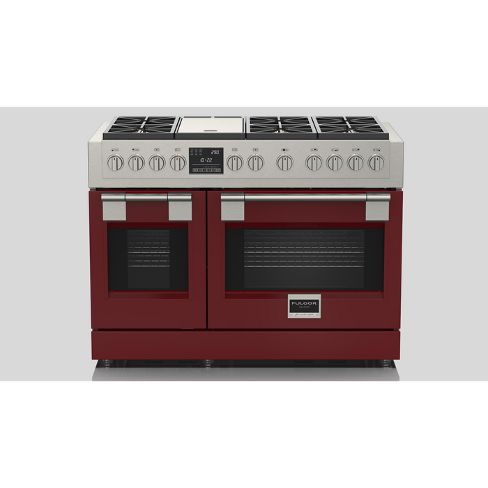 Fulgor Milano Sofia Pro 48-Inch Freestanding Dual Fuel Range, 600 Series, 6 Crescendo Dual Ring Brass Burners, Gas-Powered Trilaminate Griddle, 30-Inch Primary Oven, 18-Inch Companion Oven, Self-Clean, Soft-Close Door