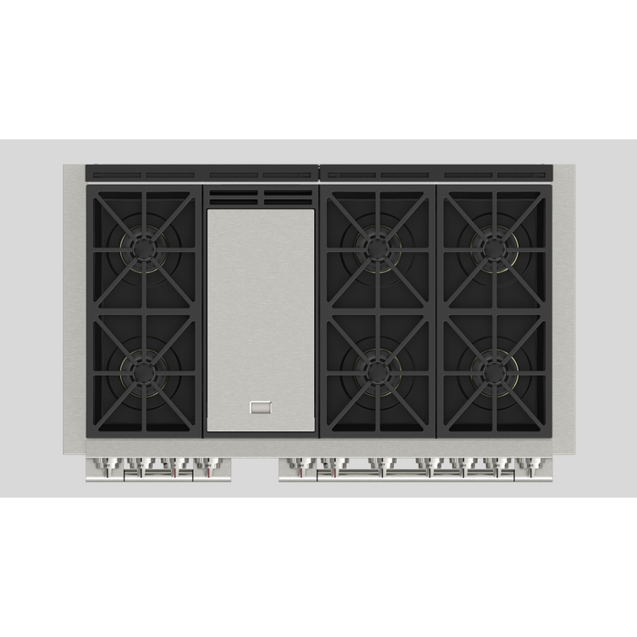 Fulgor Milano Sofia Pro 48-Inch Freestanding Dual Fuel Range, 600 Series, 6 Crescendo Dual Ring Brass Burners, Gas-Powered Trilaminate Griddle, 30-Inch Primary Oven, 18-Inch Companion Oven, Self-Clean, Soft-Close Door