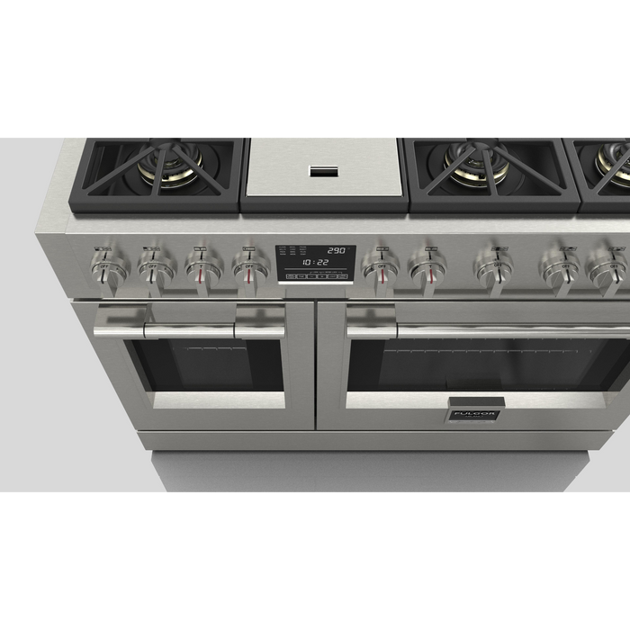 Fulgor Milano Sofia Pro 48-Inch Freestanding Dual Fuel Range, 600 Series, 6 Crescendo Dual Ring Brass Burners, Gas-Powered Trilaminate Griddle, 30-Inch Primary Oven, 18-Inch Companion Oven, Self-Clean, Soft-Close Door