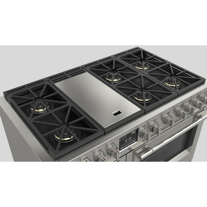 Fulgor Milano Sofia Pro 48-Inch Freestanding Dual Fuel Range, 600 Series, 6 Crescendo Dual Ring Brass Burners, Gas-Powered Trilaminate Griddle, 30-Inch Primary Oven, 18-Inch Companion Oven, Self-Clean, Soft-Close Door