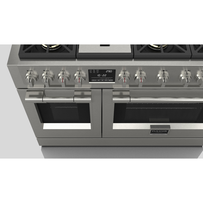 Fulgor Milano Sofia Pro 48-Inch Freestanding Dual Fuel Range, 600 Series, 6 Crescendo Dual Ring Brass Burners, Gas-Powered Trilaminate Griddle, 30-Inch Primary Oven, 18-Inch Companion Oven, Self-Clean, Soft-Close Door