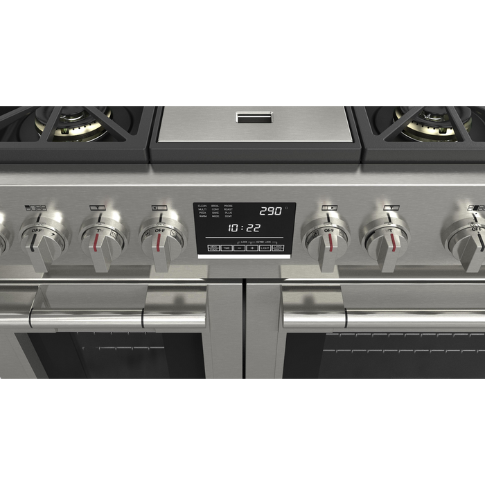 Fulgor Milano Sofia Pro 48-Inch Freestanding Dual Fuel Range, 600 Series, 6 Crescendo Dual Ring Brass Burners, Gas-Powered Trilaminate Griddle, 30-Inch Primary Oven, 18-Inch Companion Oven, Self-Clean, Soft-Close Door