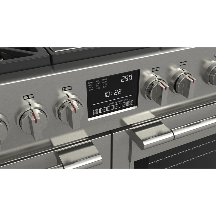 Fulgor Milano Sofia Pro 48-Inch Freestanding Dual Fuel Range, 600 Series, 6 Crescendo Dual Ring Brass Burners, Gas-Powered Trilaminate Griddle, 30-Inch Primary Oven, 18-Inch Companion Oven, Self-Clean, Soft-Close Door