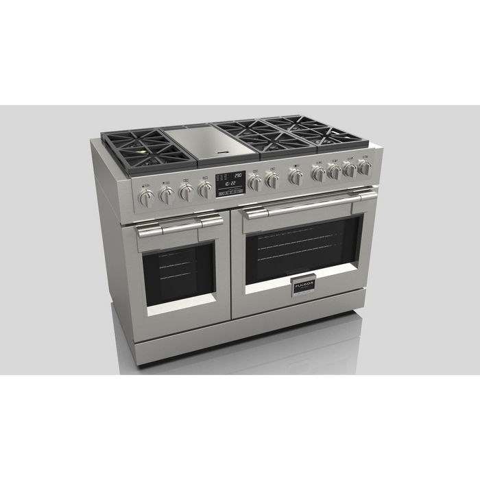 Fulgor Milano Sofia Pro 48-Inch Freestanding Dual Fuel Range, 600 Series, 6 Crescendo Dual Ring Brass Burners, Gas-Powered Trilaminate Griddle, 30-Inch Primary Oven, 18-Inch Companion Oven, Self-Clean, Soft-Close Door