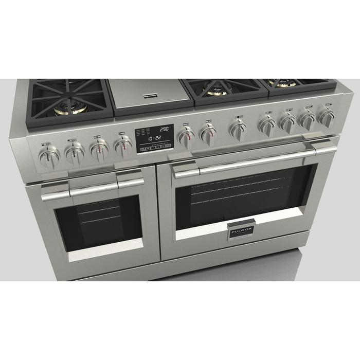 Fulgor Milano Sofia Pro 48-Inch Freestanding Dual Fuel Range, 600 Series, 6 Crescendo Dual Ring Brass Burners, Gas-Powered Trilaminate Griddle, 30-Inch Primary Oven, 18-Inch Companion Oven, Self-Clean, Soft-Close Door