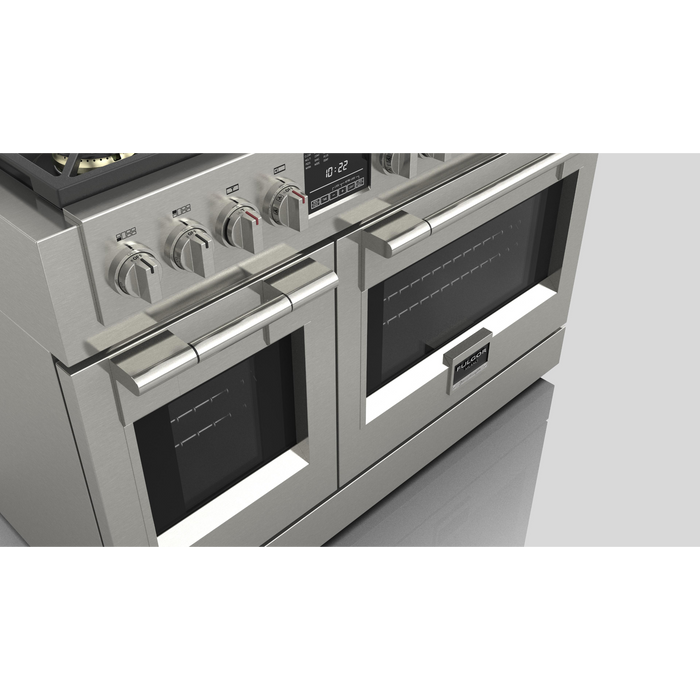 Fulgor Milano Sofia Pro 48-Inch Freestanding Dual Fuel Range, 600 Series, 6 Crescendo Dual Ring Brass Burners, Gas-Powered Trilaminate Griddle, 30-Inch Primary Oven, 18-Inch Companion Oven, Self-Clean, Soft-Close Door