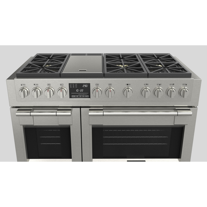 Fulgor Milano Sofia Pro 48-Inch Freestanding Dual Fuel Range, 600 Series, 6 Crescendo Dual Ring Brass Burners, Gas-Powered Trilaminate Griddle, 30-Inch Primary Oven, 18-Inch Companion Oven, Self-Clean, Soft-Close Door