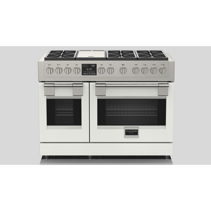 Fulgor Milano Sofia Pro 48-Inch Freestanding Dual Fuel Range, 600 Series, 6 Crescendo Dual Ring Brass Burners, Gas-Powered Trilaminate Griddle, 30-Inch Primary Oven, 18-Inch Companion Oven, Self-Clean, Soft-Close Door