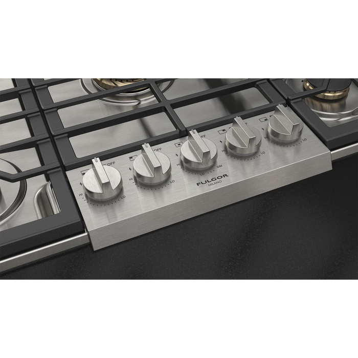 Fulgor Milano 36-Inch Pro Built-In Gas Cooktop, 600 Series, 5 Brass Burners (1 Crescendo Dual Ring + 4 Sealed Burners), Halo Backlit Knobs, Stainless Steel Finish
