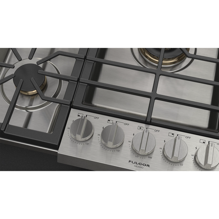 Fulgor Milano 36-Inch Pro Built-In Gas Cooktop, 600 Series, 5 Brass Burners (1 Crescendo Dual Ring + 4 Sealed Burners), Halo Backlit Knobs, Stainless Steel Finish