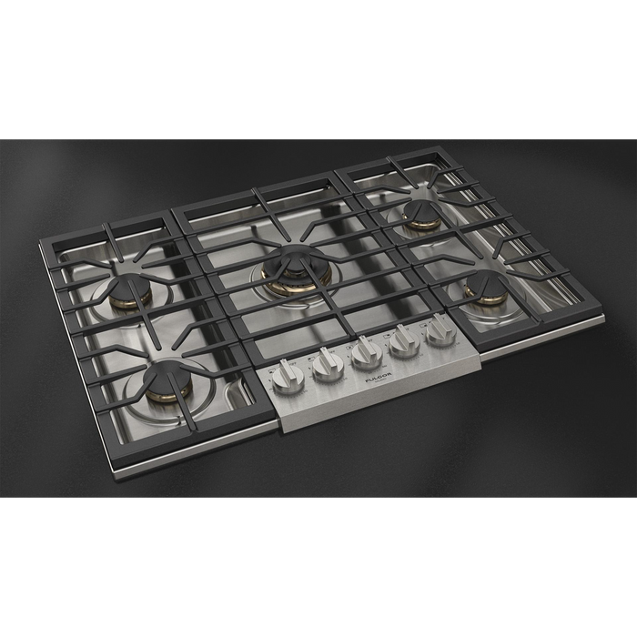 Fulgor Milano 36-Inch Pro Built-In Gas Cooktop, 600 Series, 5 Brass Burners (1 Crescendo Dual Ring + 4 Sealed Burners), Halo Backlit Knobs, Stainless Steel Finish