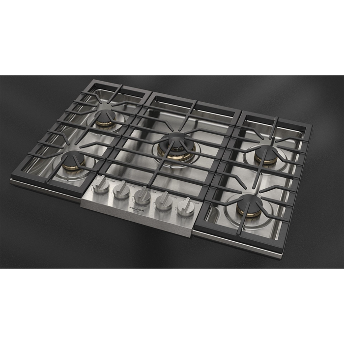 Fulgor Milano 36-Inch Pro Built-In Gas Cooktop, 600 Series, 5 Brass Burners (1 Crescendo Dual Ring + 4 Sealed Burners), Halo Backlit Knobs, Stainless Steel Finish