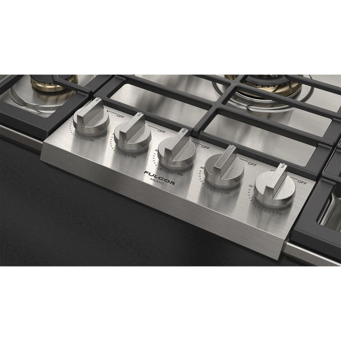 Fulgor Milano 36-Inch Pro Built-In Gas Cooktop, 600 Series, 5 Brass Burners (1 Crescendo Dual Ring + 4 Sealed Burners), Halo Backlit Knobs, Stainless Steel Finish