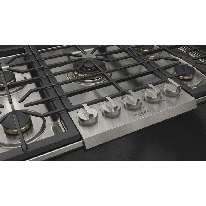 Fulgor Milano 36-Inch Pro Built-In Gas Cooktop, 600 Series, 5 Brass Burners (1 Crescendo Dual Ring + 4 Sealed Burners), Halo Backlit Knobs, Stainless Steel Finish