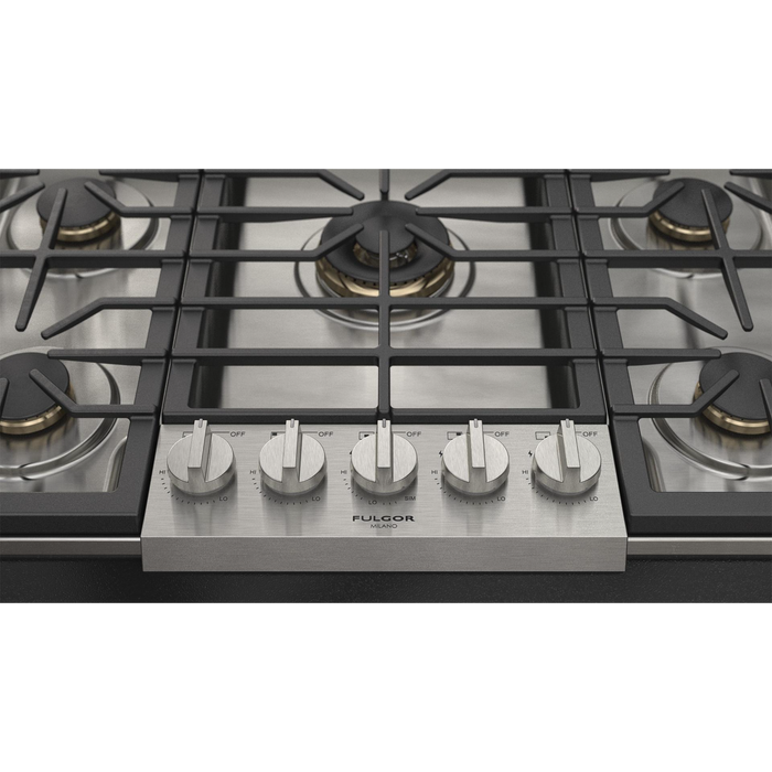Fulgor Milano 36-Inch Pro Built-In Gas Cooktop, 600 Series, 5 Brass Burners (1 Crescendo Dual Ring + 4 Sealed Burners), Halo Backlit Knobs, Stainless Steel Finish