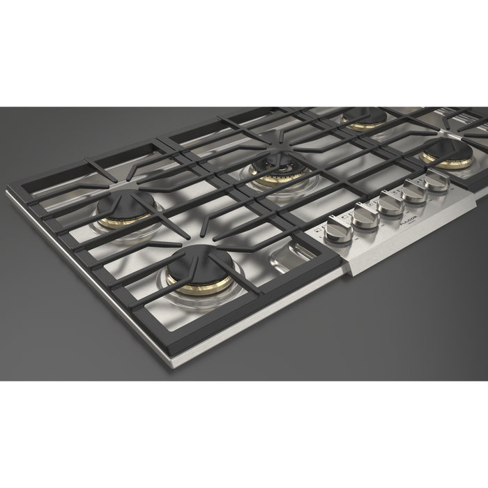Fulgor Milano 36-Inch Pro Built-In Gas Cooktop, 600 Series, 5 Brass Burners (1 Crescendo Dual Ring + 4 Stacked Burners), Halo Backlit Knobs, Stainless Steel Finish