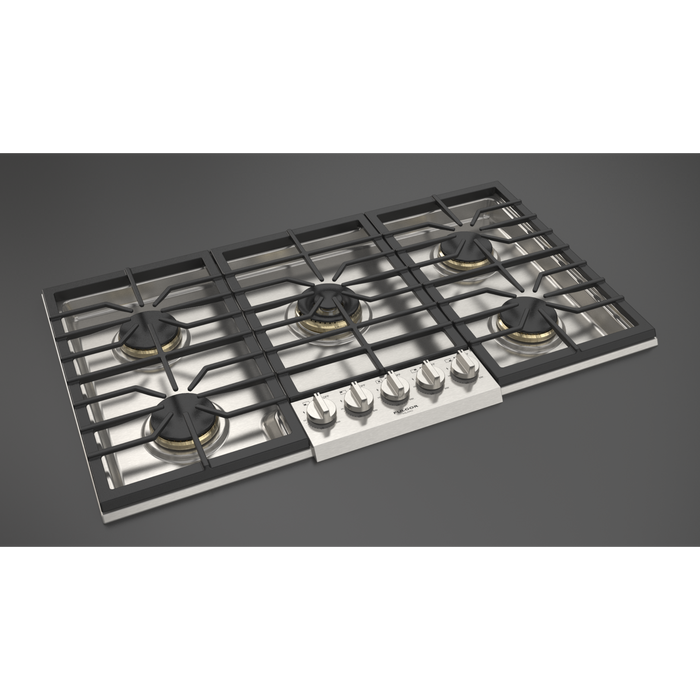 Fulgor Milano 36-Inch Pro Built-In Gas Cooktop, 600 Series, 5 Brass Burners (1 Crescendo Dual Ring + 4 Stacked Burners), Halo Backlit Knobs, Stainless Steel Finish