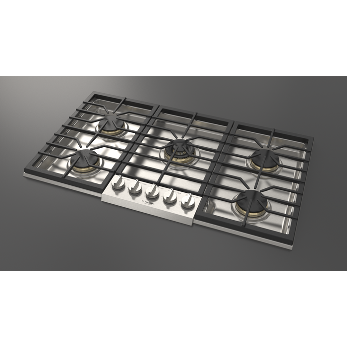 Fulgor Milano 36-Inch Pro Built-In Gas Cooktop, 600 Series, 5 Brass Burners (1 Crescendo Dual Ring + 4 Stacked Burners), Halo Backlit Knobs, Stainless Steel Finish