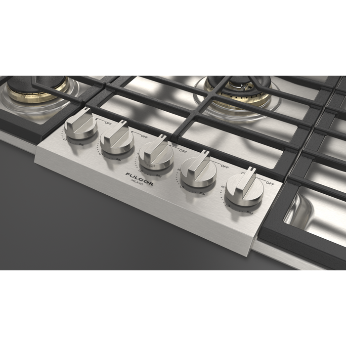 Fulgor Milano 36-Inch Pro Built-In Gas Cooktop, 600 Series, 5 Brass Burners (1 Crescendo Dual Ring + 4 Stacked Burners), Halo Backlit Knobs, Stainless Steel Finish