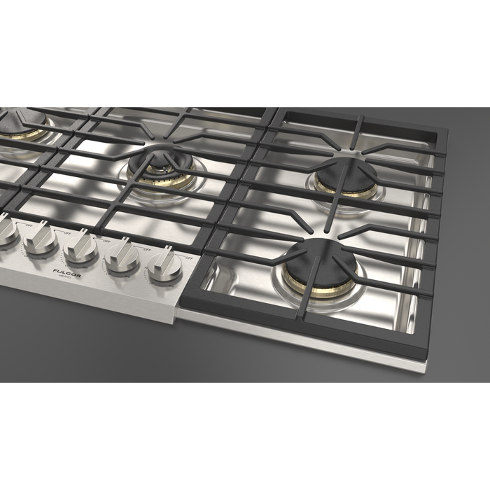 Fulgor Milano 36-Inch Pro Built-In Gas Cooktop, 600 Series, 5 Brass Burners (1 Crescendo Dual Ring + 4 Stacked Burners), Halo Backlit Knobs, Stainless Steel Finish