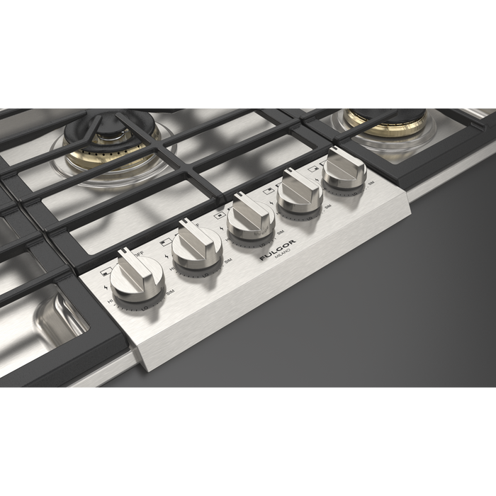 Fulgor Milano 36-Inch Pro Built-In Gas Cooktop, 600 Series, 5 Brass Burners (1 Crescendo Dual Ring + 4 Stacked Burners), Halo Backlit Knobs, Stainless Steel Finish