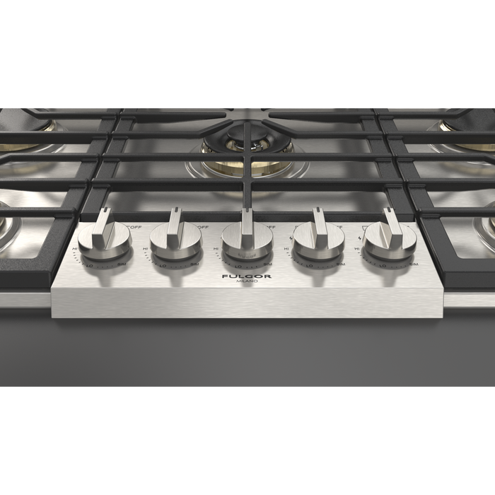 Fulgor Milano 36-Inch Pro Built-In Gas Cooktop, 600 Series, 5 Brass Burners (1 Crescendo Dual Ring + 4 Stacked Burners), Halo Backlit Knobs, Stainless Steel Finish