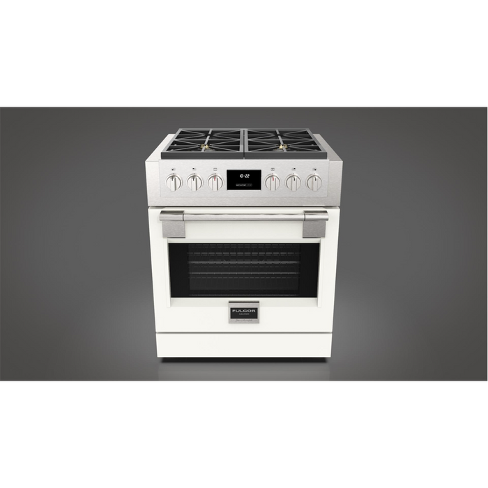 Fulgor Milano Sofia Pro 30-Inch Freestanding All-Gas Range, 600 Series, 4 Crescendo Dual Ring Brass Burners, Soft-Close Door