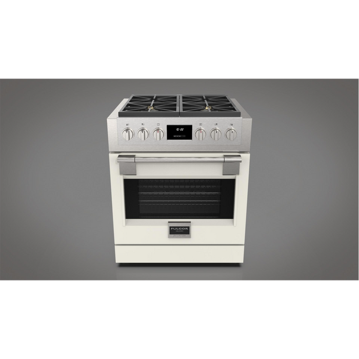 Fulgor Milano Sofia Pro 30-Inch Freestanding All-Gas Range, 600 Series, 4 Crescendo Dual Ring Brass Burners, Soft-Close Door