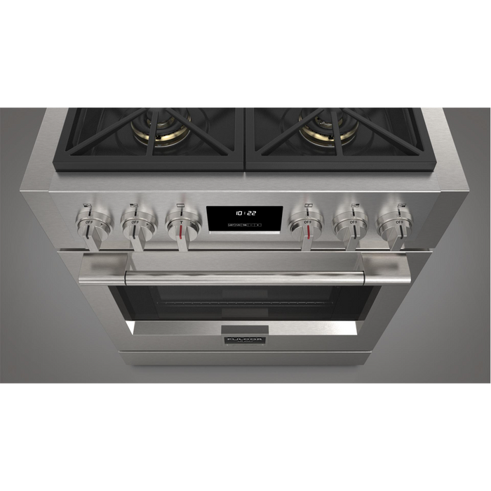 Fulgor Milano Sofia Pro 30-Inch Freestanding All-Gas Range, 600 Series, 4 Crescendo Dual Ring Brass Burners, Soft-Close Door