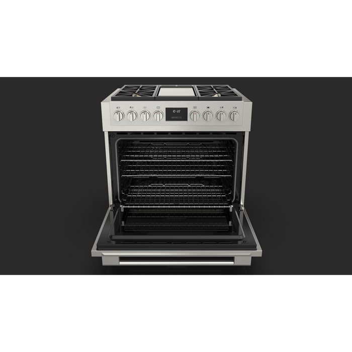 Fulgor Milano Sofia Pro 36-Inch Freestanding All-Gas Range, 600 Series, 4 Crescendo Dual Ring Brass Burners, Gas-Powered Trilaminate Griddle, Soft-Close Door