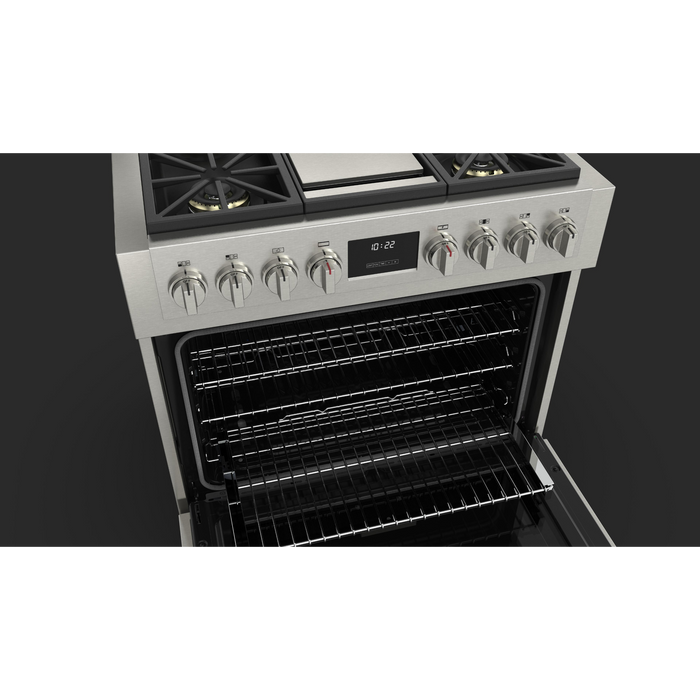 Fulgor Milano Sofia Pro 36-Inch Freestanding All-Gas Range, 600 Series, 4 Crescendo Dual Ring Brass Burners, Gas-Powered Trilaminate Griddle, Soft-Close Door