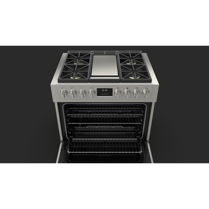 Fulgor Milano Sofia Pro 36-Inch Freestanding All-Gas Range, 600 Series, 4 Crescendo Dual Ring Brass Burners, Gas-Powered Trilaminate Griddle, Soft-Close Door