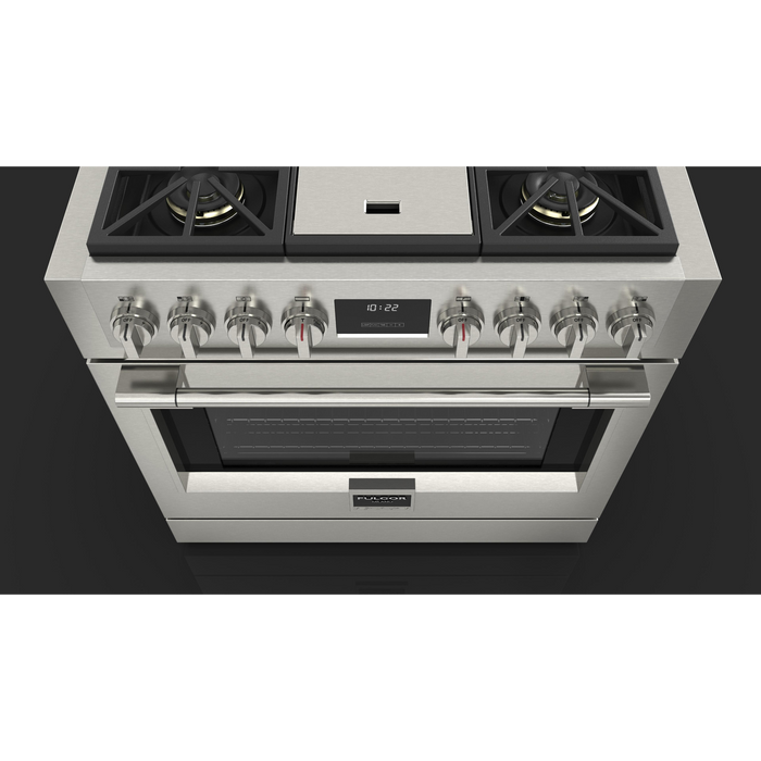Fulgor Milano Sofia Pro 36-Inch Freestanding All-Gas Range, 600 Series, 4 Crescendo Dual Ring Brass Burners, Gas-Powered Trilaminate Griddle, Soft-Close Door