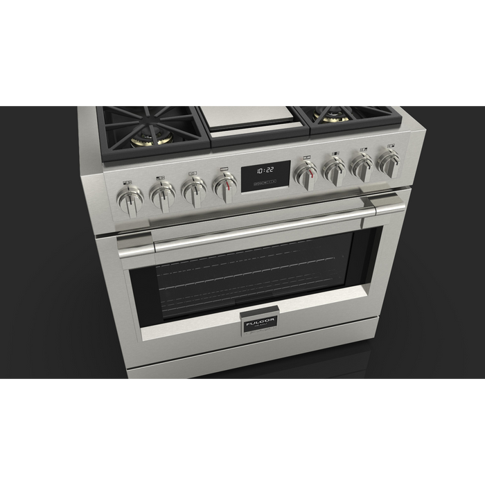 Fulgor Milano Sofia Pro 36-Inch Freestanding All-Gas Range, 600 Series, 4 Crescendo Dual Ring Brass Burners, Gas-Powered Trilaminate Griddle, Soft-Close Door